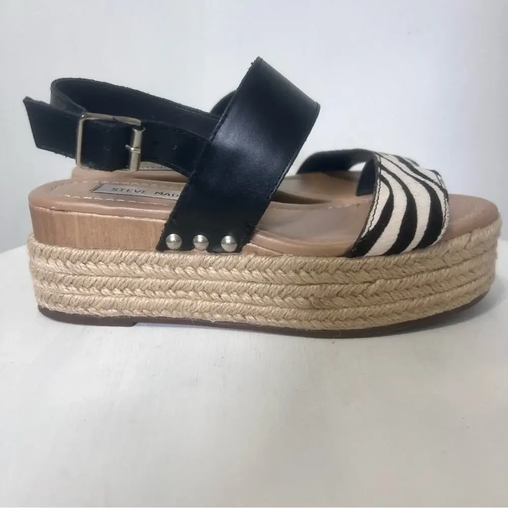 Steve Madden Fifer Platform Espadrille Zebra Leather Upper Sandals Size 6.5